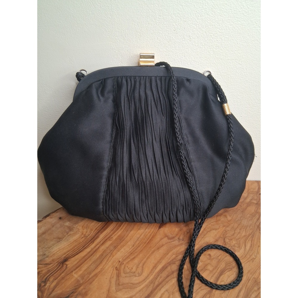 Vintage Black Satin Pleated Evening Bag Gold Clasp Braided Strap Frame Clutch